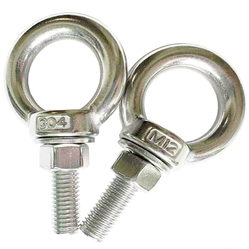 Heavy Duty Eye bolt, 2 PCS M12 304 Stainless Steel Eye Bolt Heavy Duty Lifting Ring 1.57" Threaded Eyebolt Shoulder Eye Bolts with Nuts and Flat Washers(Thread Length 40mm) m12x40(2pcs)