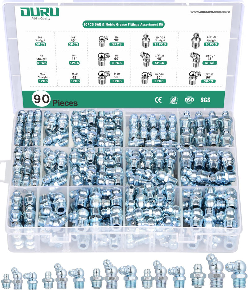 90PCS SAE & Metric Grease Fittings Assortment,Zerk Grease Fittings Kit NPT 1/4" 1/8" M6 M8 M10 Straight 45 90 Degree Grease Gun Fittings 90PCS KIT-SAE & METRIC