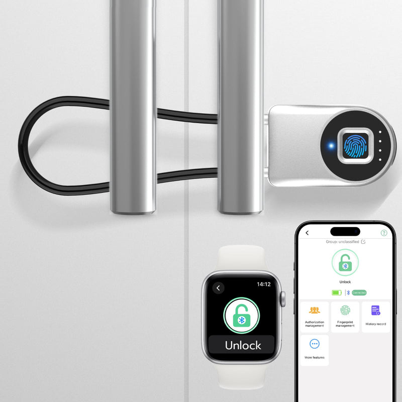 Fingerprint Cable Lock, eLinkSmart Fridge Locks with Bluetooth APP Control, Biometric Smart Padlock for Adults Baby Proof Cabinet Refrigerator French Door Cabinet Gate Locker Bike, 8.6'' Long Silver Silver-22cm