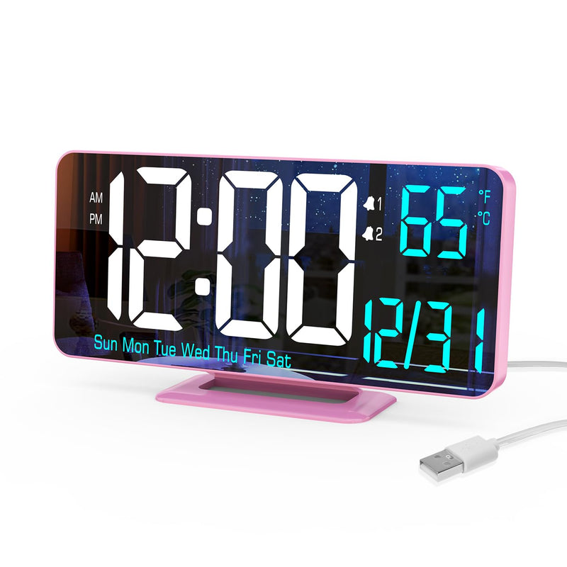 Pink Digital Clock for Bedroom 6.7in Dual Alarm Clock with Dimming, 12/24h, Seconds, Date, Day of Week, Temp, Desk Clock, LED Clock for Table Decor, Digital Calendar Table Clocks for Bedrooms KOSUMOSU Pink Clock(white + Blue Digits)