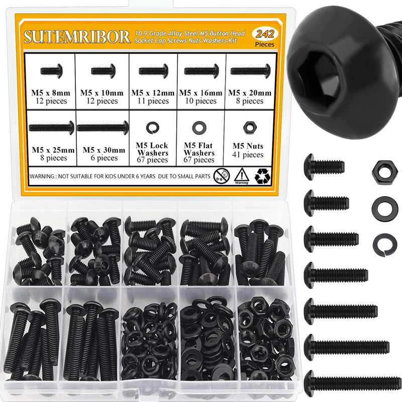 242 Pieces M5 Screws Nuts Washers Set Black, Sutemribor M5 x 8/10/12/16/20/25/30mm Button Head Socket Cap Screws Nuts Washers Assortment Kit, 10.9 Grade Alloy Steel, Fully Threaded M5 Screws Kit