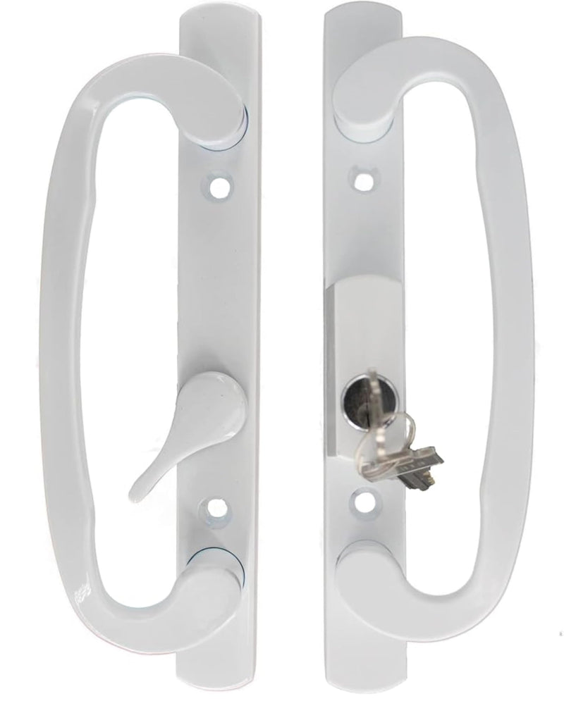 8.5" Legacy Sliding Patio Glass Door Offset Latch White Handle Set with Keys - Sash Controls 2265 Keyed Lock - Fits 3-15/16" Screw Hole Spacing and 1-1/4" to 2-1/4" Door Thickness