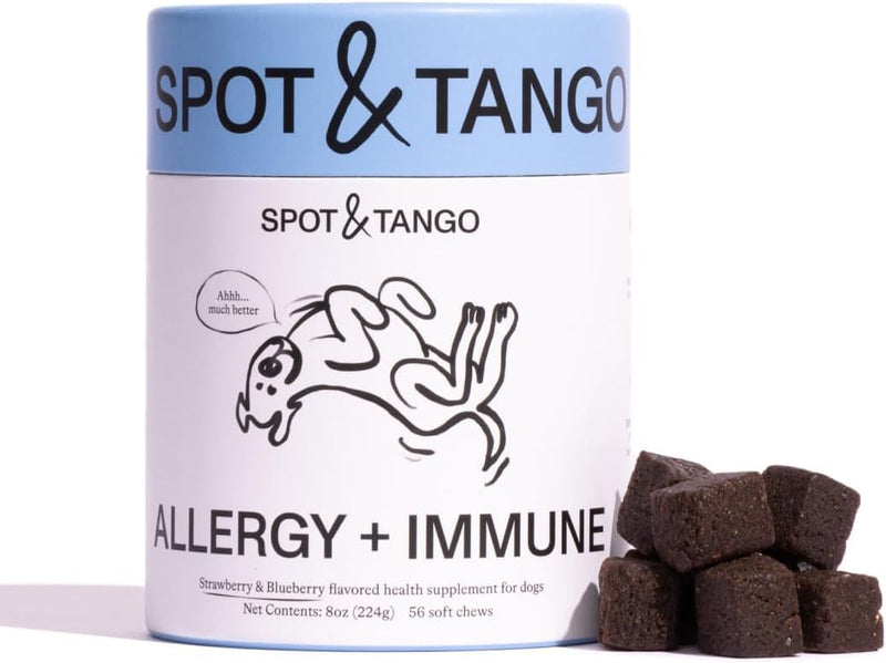 Spot & Tango Allergy + Immune Supplement for Dogs - Vet-Approved For Itchy Skin & Allergy Relief - Wild Alaskan Salmon Oil, Omega-3, Primrose Oil, Biotin - Real Strawberry & Blueberry Flavor, 56 Count - PawsPlanet Australia