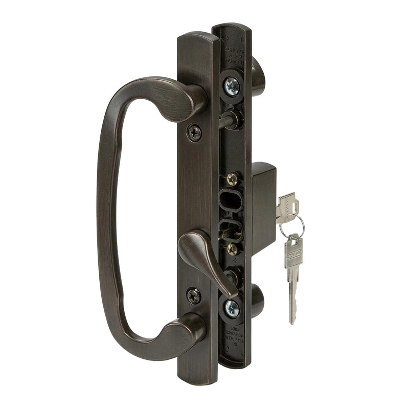 8.5" Legacy Sliding Patio Glass Door Offset Latch Bronze Handle Set with Keys - Sash Controls 2265 Keyed Lock - Fits 3-15/16" Screw Hole Spacing and 1-1/4" to 2-1/4" Door Thickness