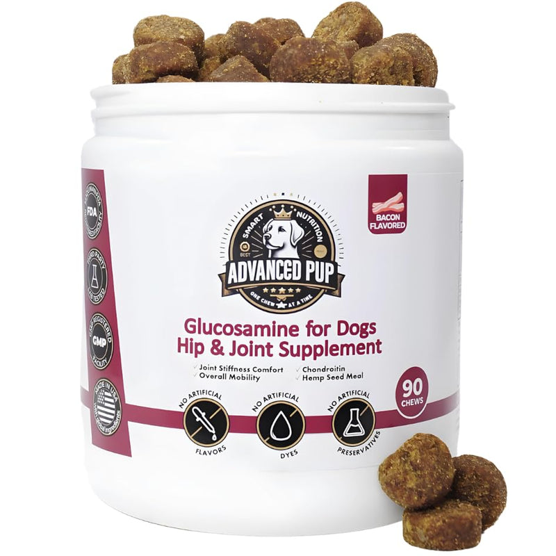 AdvancedPUP Dog Hip and Joint Supplement - Glucosamine for Dogs - Dog Hip & Joint Care with Chondroitin, MSM, & Turmeric for Dog Joint Relief - Regain Dog Mobility with Natural Tasty Bacon - 90 CT - PawsPlanet Australia