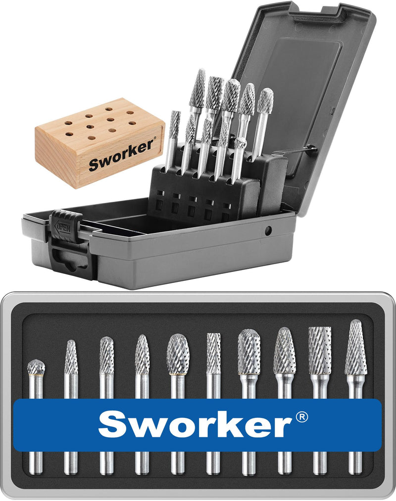 10 Pcs Carbide Burr Set 1/4 Shank w/Beech Holder and Case Die Grinder Grinding Drill Bits for Metal Wood Stone Weld Deburring Rotary Tool Attachment Accessories Rasp Compatible with Milwaukee DeWALT
