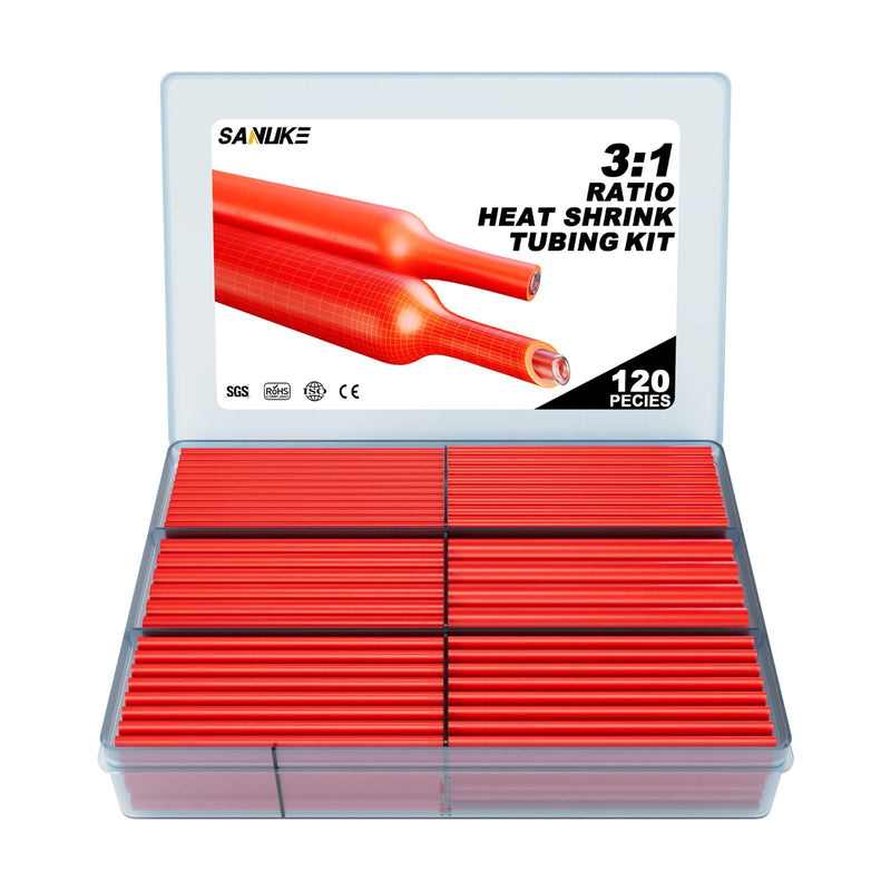 Sanuke Heat Shrink Tubing Kit 3:1 Ratio - Super Strong Adhesive Lined, Marine Grade Shrink Wrap - Industrial Heat Shrink Tubing - Red 120 PCS Red - 7 Sizes