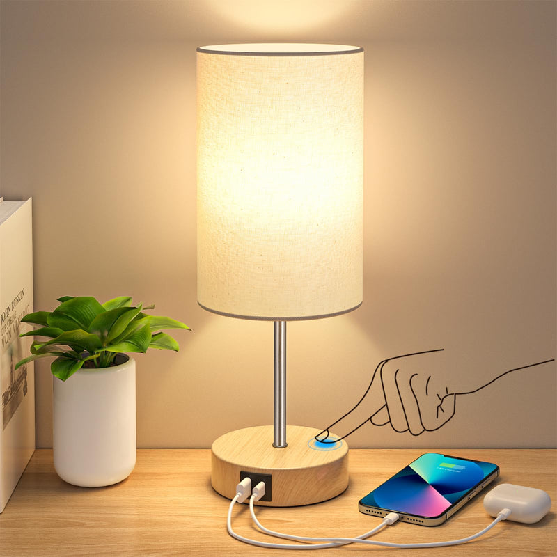 AKASUKI Table Lamp for Bedroom, 3 Way Dimmable Touch Lamp with Dual Charging Station, Small Bedside Lamps for Night Stands, Living Room, Office(LED Bulb Included) Cream Shade-Wood Base 14.25 in