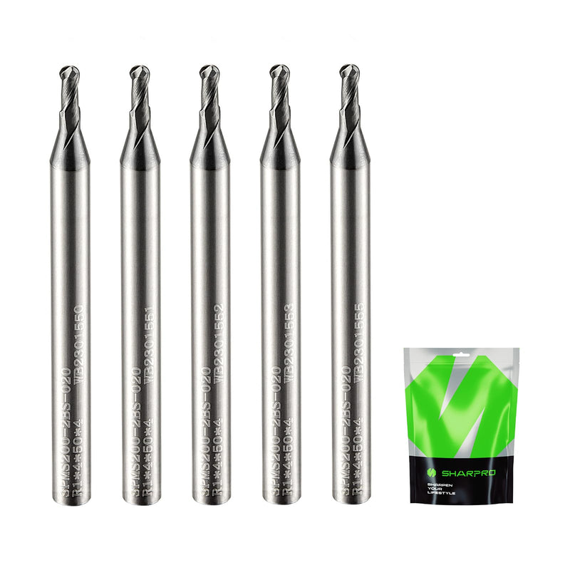 Carbide Ball Nose End Mills Set 2 Flute 4mm SHK. 2mm Cutting Dia. 3D Carving, High-Speed and Deep Cutting, AlCrN Coated, Apply for Alloy Steel, Stainless Steel and Various Cast Iron. (5PCS) 4mm SHK 2mm DIA 5