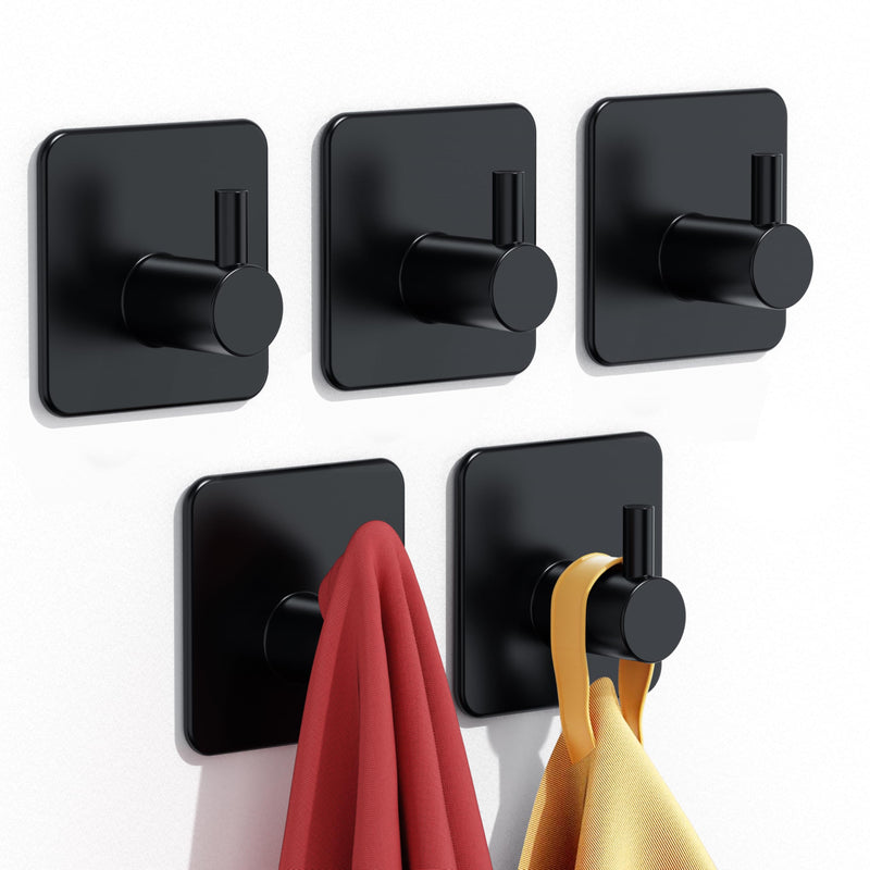 Adhesive Hooks Heavy Duty 22lb(Max) Wall Hooks, 5 Pack Self Adhesive Damage Free Utility Hooks Stainless Steel for Towel Coat Robe, Waterproof Oilproof Rustproof for Bathroom Shower Kitchen Office Black