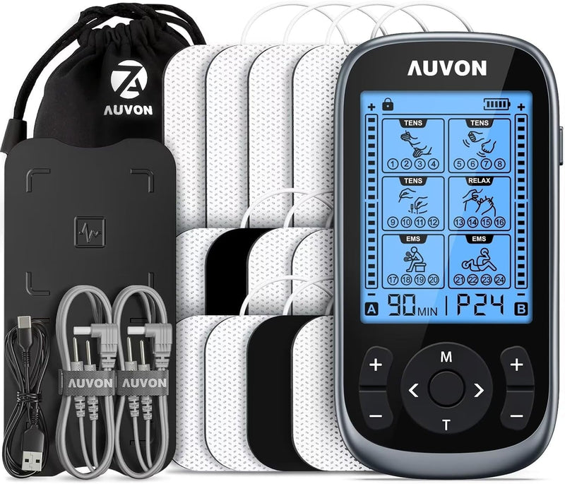 AUVON 3-in-1 TENS Unit Muscle Stimulator, EMS Massage Machine with 40 Intensities for Gradual Shoulder, Sciatica, Back Pain Relief, 24 Modes Rechargeable Electronic Pulse Massager with 12 TENS Pads A Dark Grey