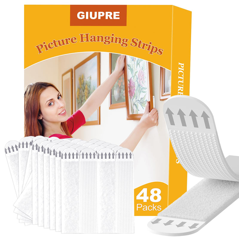 Picture Hanging Strips - 24-Pairs(48 Strips) Wall Sticky for Hanging Pictures on Wall Without Nails, Adhesive Picture Hangers Heavy Duty No Damage Picture Hanging White