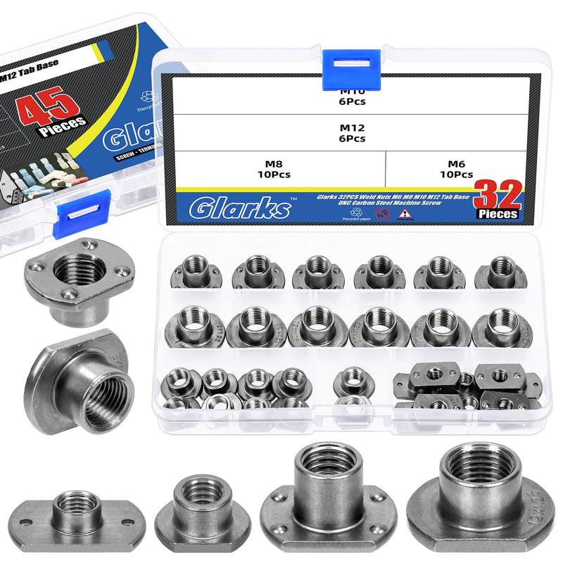Glarks 32Pcs Weld Nuts Set, M6 M8 M10 M12 Tab Base UNC Carbon Steel Machine Screw T-Nuts 2 Projection 4 Projection for Furniture Vehicles Caster Industry Machine m6, m8, m10, m12