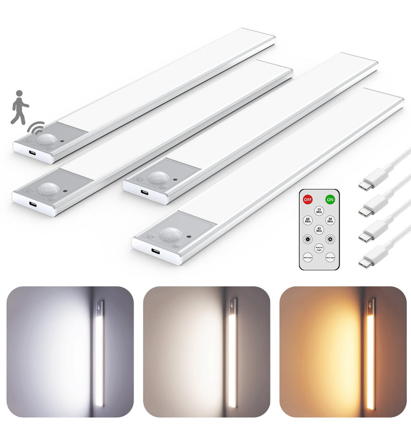 56LED Under Cabinet Lighting Wireless w/Remote, 11.8'' Motion Sensor Light Indoor Rechargeable Under Cabinet Lights, Magnetic Closet Lights Battery Operated, Under Counter Lights for Kitchen (4) 11.8 Inch 4