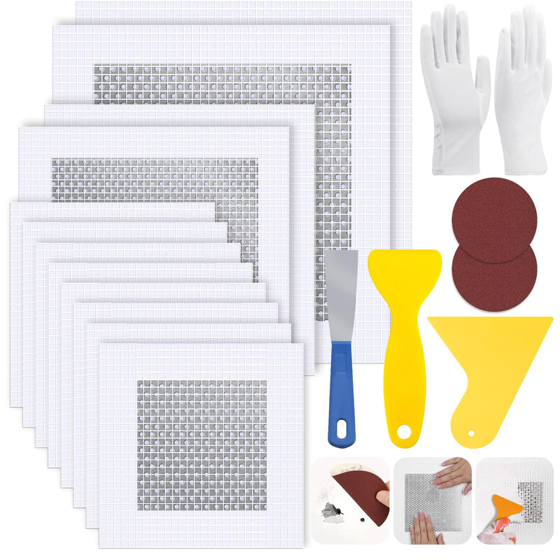 12 PCS 4/6/8 Inch Wall Repair Patch Kit, Aluminum Mesh Dry Wall Hole Repair Patch with Scraper Sandpapers Gloves Heavy Duty Wall Repair for Large Holes Quick Fixes 12 PCS 4/6/8inch Wall Repair Patch Kit