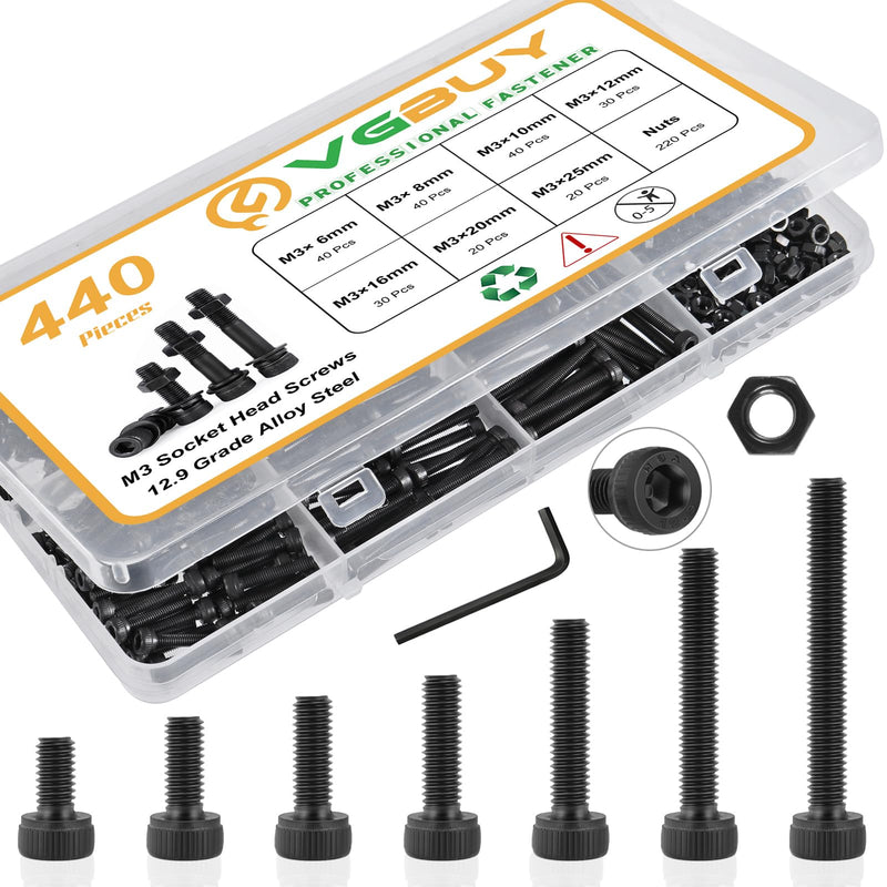 440Pcs M3 Screws Kit for 3D Printer DIY,220Pcs M3 Screw (6-25mm),220Pcs M3 Nut,Hex Socket Head Cap Small Metric Bolts Nuts Assortment,12.9 Grade Alloy Steel,Black Oxide, M3x6/8/10/12/16/20/25mm