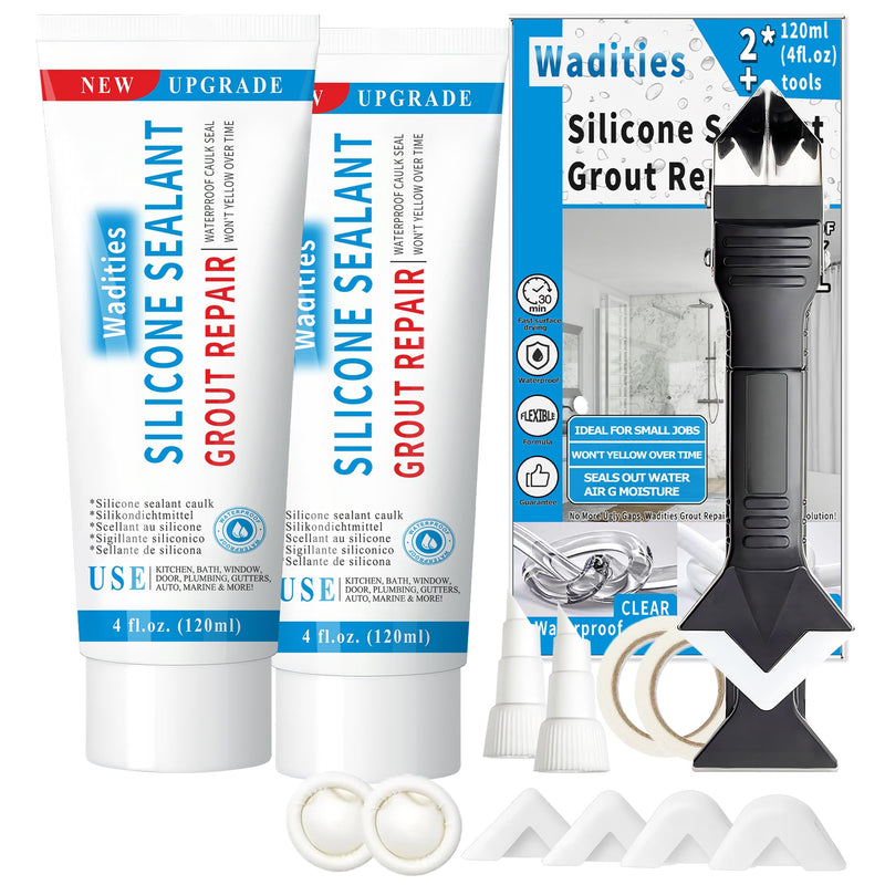 8Oz Clear Waterproof Caulk & Seal Silicone Sealant, Wadities Tile Grout Repair Kit with Grout Remove Scraper, Shrink & Crack Proof for Bathroom, Shower, Kitchen, Floor (4Oz, Pack of 2)