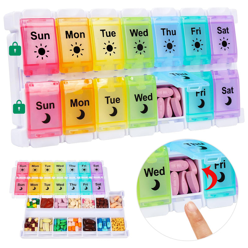 Shintop Am Pm Pill Organizer 7 Day, Push Button Weekly Pill Box 2 Times a Day Easy Fill Pill Holder Day Night Vitamin Case for Medications Fish Oil Supplements (Rainbow) Rainbow