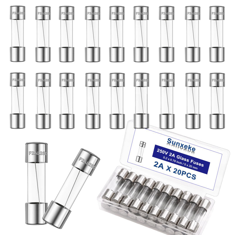 20PCS F2AL250V 5 x 20mm Fast Blow Glass Fuses 2A 2Amp 250V Glass Fuse,0.2 x 0.78 Inch
