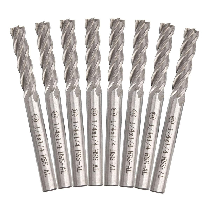 JMIATRY 8 Packs 1/4 inch End Mill 4 Flute Straight Milling Cutter HSS end Mill 1/4 inch Square Nose Straight Shank CNC Bits 1/4 Shank End Mills for Wood Steel, Titanium (6.35mm,4T)