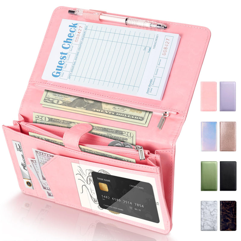 Server Book High Volume, Expandable Server Book,5"×9", Waitress Waiter Book, Sturdy Leather Waitress Book with 2 Zipper Pockets and Magnetic Pocket, Server Books Fit Server Apron (Pink) Pink Extended Version