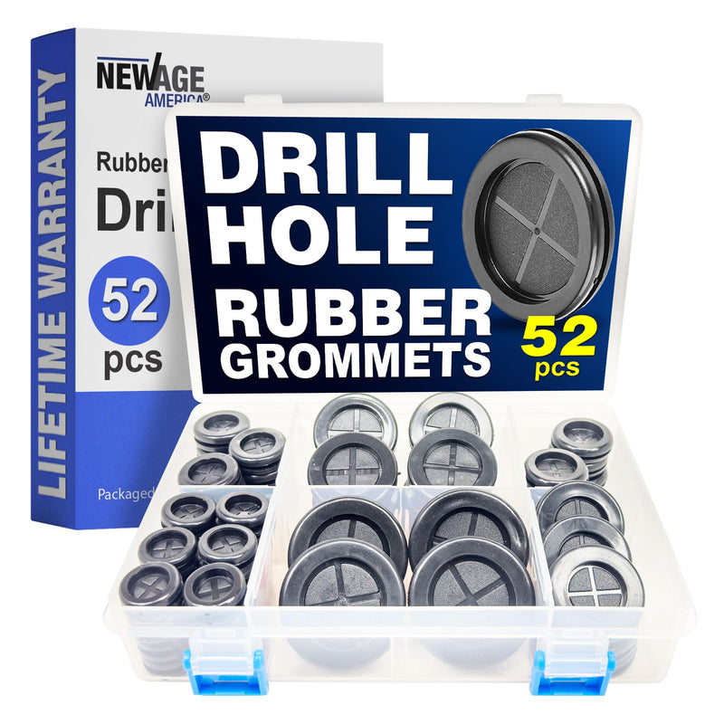 New Age America® 52pcs Rubber Grommets Kit | 5/8 Inch to 1-1/2 Inch | 6 Sizes | Black Wire Grommets | Firewall Hole Plug | Double Sided Round Rubber Hole Plug | 5/8", 13/16", 7/8", 1", 1-3/16", 1-1/2" 52 PCS | Drill Hole