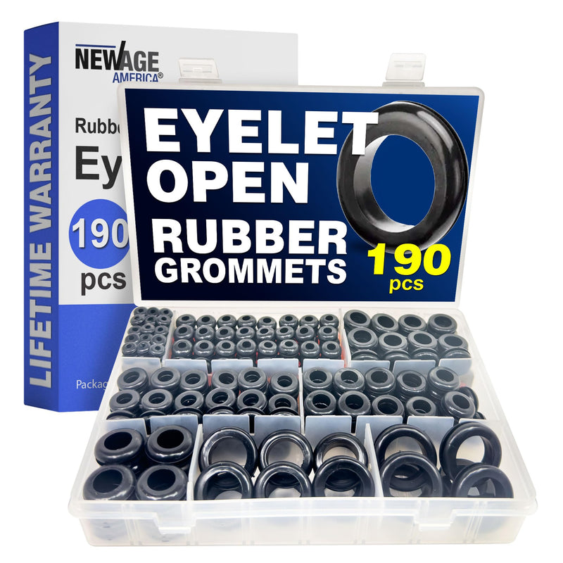 New Age America® 190pcs Rubber Grommets Kit | 1/4 Inch to 1 Inch | 9 Sizes | Black Wire Grommets | Eyelet Ring Gaskets | Double Sided Round | 1/4", 5/16", 3/8", 7/16", 1/2", 5/8", 3/4", 3/4", 7/8", 1" 190 PCS | Eyelet Ring