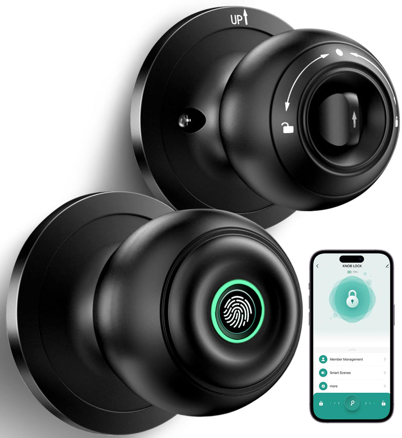 Fingerprint Door Lock, Smart Fingerprint Door Knob with Lock, Biometric Door knob with App Control & Key, Keyless Thumbprint Entry Door Lock for Bedroom, Front Door, Home, Apartment Office-Matte Black With APP-Matte Black