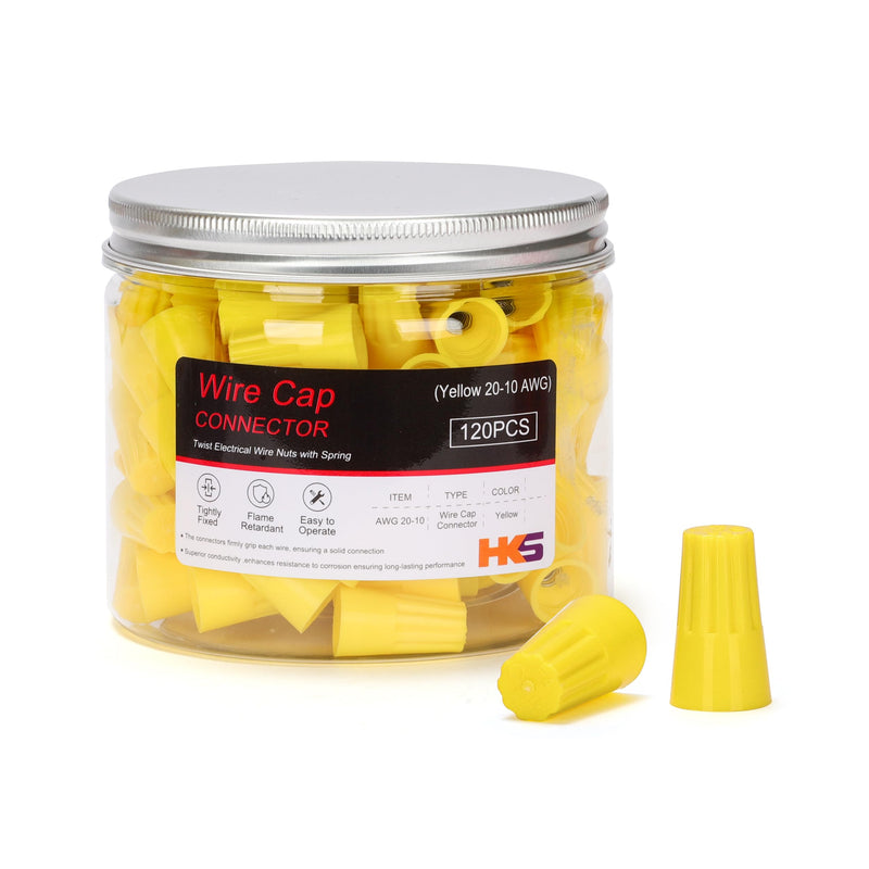 HKS 120 PCS Yellow Wire Caps - AWG 20-10,Twist-On Screw Nuts,Insulated Insertion Electrical Wire Connectors with Spring - Portable & Quick to Connect.