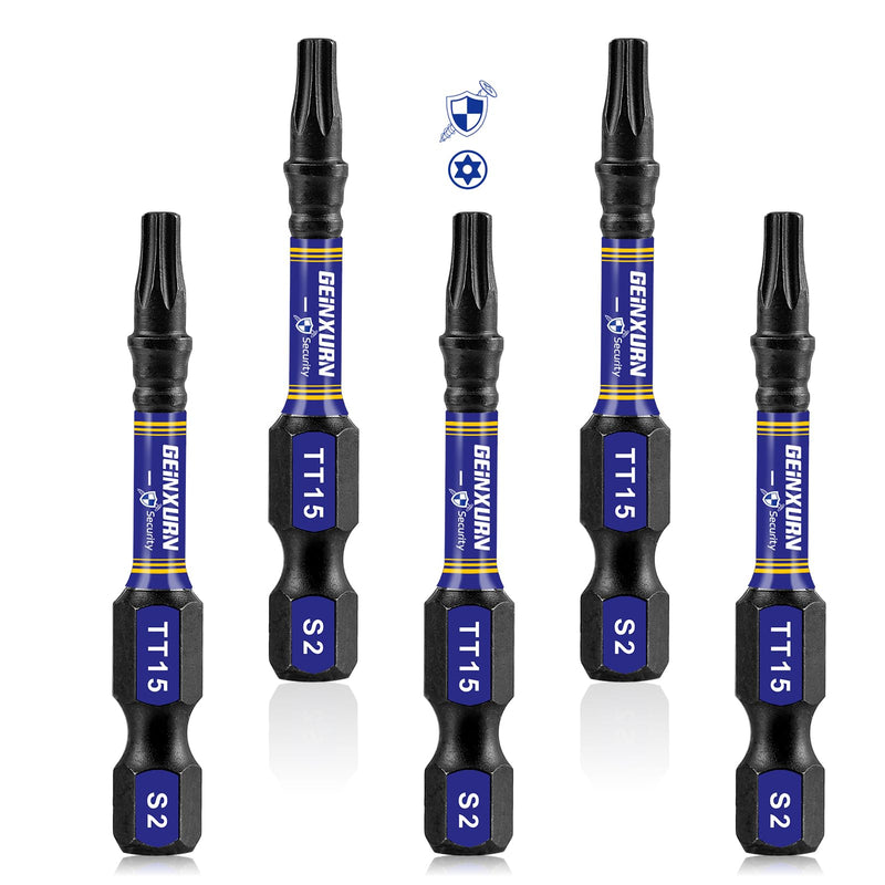 5 Pieces T15 Hollow 2 In. Impact Tough Magnetic Insert Bit Set, #15 Security Torx Head Power Bits, S2 Alloy Steel Star T15 Screwdriver Bits Set TT15 2"-5PCS