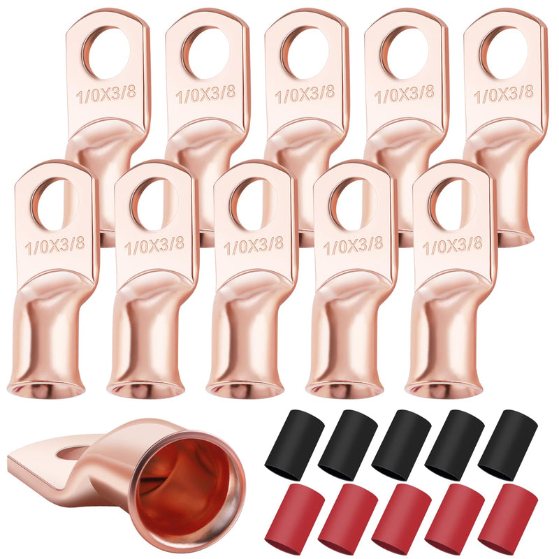 XHF 10PCS 1/0 AWG-3/8" Heavy Duty Battery Lugs with 3:1 Heat Shrink Tubing, Ring Terminals Battery Cable Ends Copper Eyelets Electrical Battery Connectors 1/0AWG-3/8"(M10)Ring 10