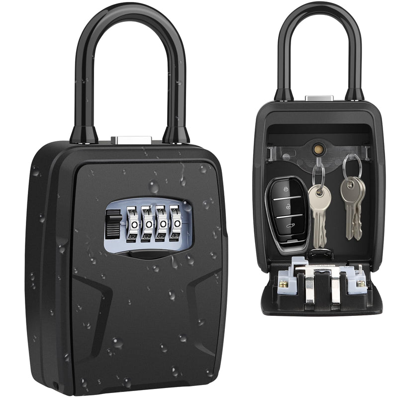 Key Lock Box Outdoor with Code, Large Key Lockbox for Keys Outside Portable Lock box for Keys, 4 Digit Combination Key Safe Storage, Waterproof Keybox Wall Mounted for Outdoor Home Garage Office Black Door handle hung + Wall mounted