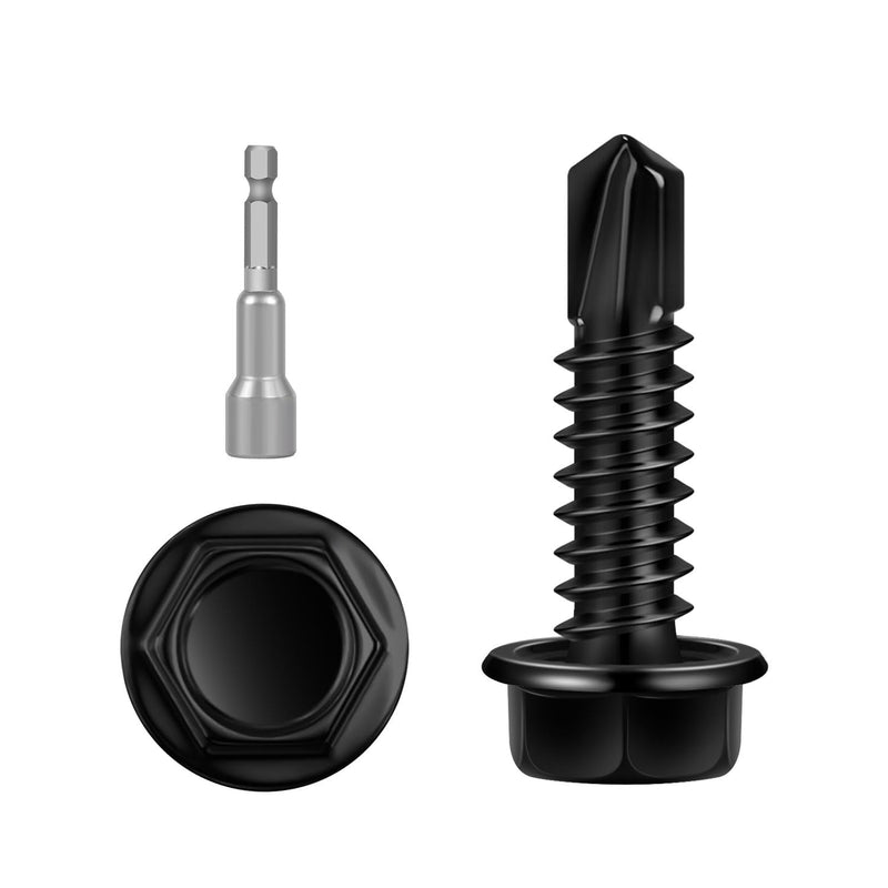 100 PCS #12 x 1 Sheet Metal Screws, Black Hex Washer Head Self Drilling Screw, Flanged Hex Self Tapping Screws, 410 Stainless Steel, Hex Bit Socket Included #12 x 1"