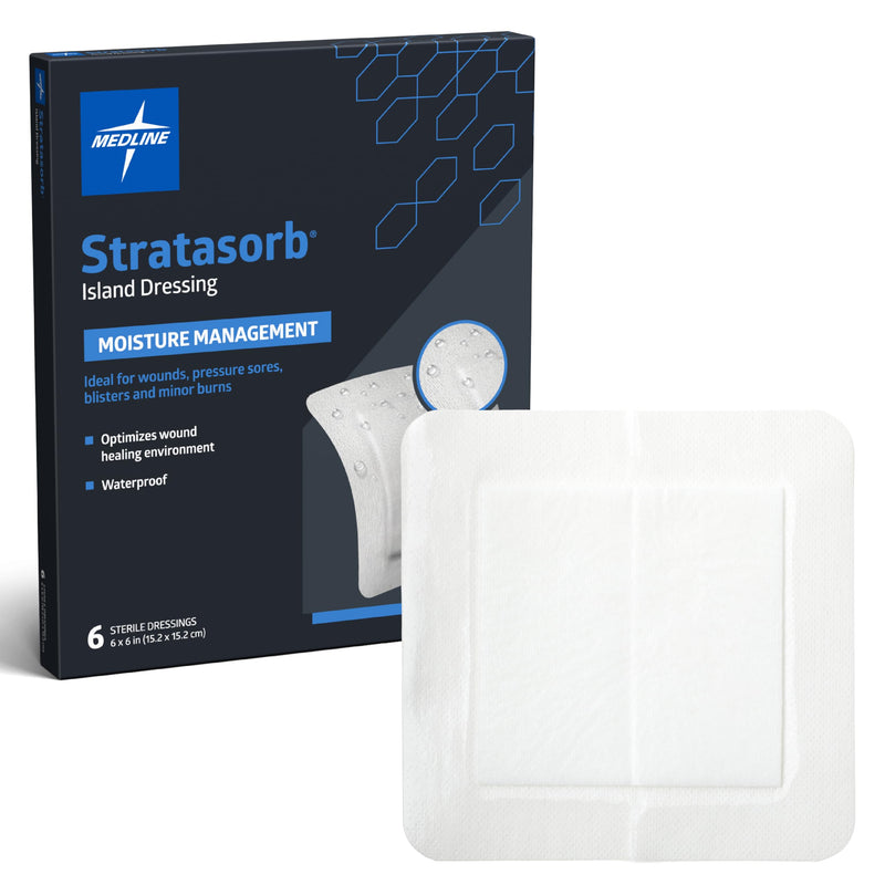 Medline Stratasorb Sterile, 6” x 6” Composite Island Dressing with Non-Adherent Gauze Pad, Waterproof Back, Covers & Protects Wounds, Lasts Up to 7 Days, 6 Per Box, Not Made with Natural Rubber Latex 6" x 6"