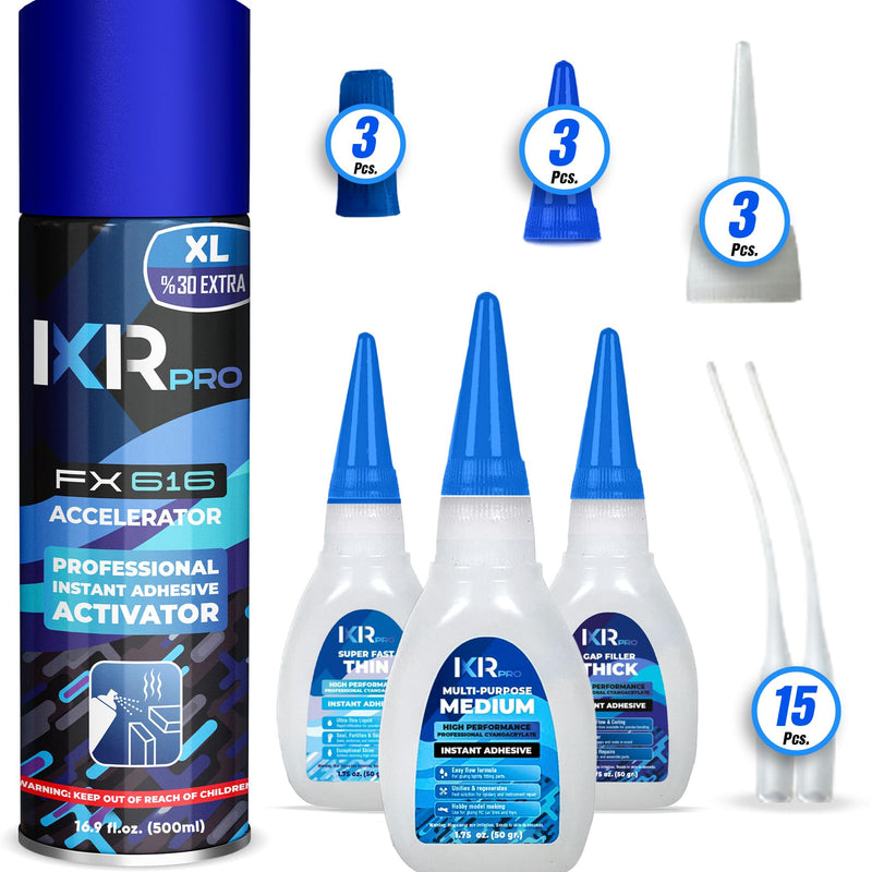 CA Glue with Activator Kit (3x1.75 oz. Thin-Medium-Thick + 16.9 fl.oz.) Cyanoacrylate Glue and Activator, Super Glue Accelerator, Super Glue for Wood, Woodworking, Plastic, Guitar, 3D Printing 1 Pack