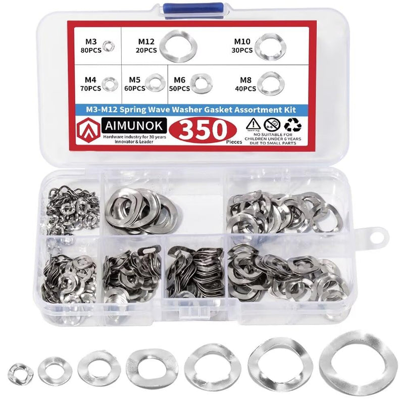 350PCS Spring Wave Washer Gasket Assortment Kit, M3 M4 M5 M6 M8 M10 M12 Wavy Wave Crinkle Spring Washers Sets, 304 Stainless Steel Metric Wave Spring Washer for Screw Bolt. 304 stainless steel M3-M12 Silver