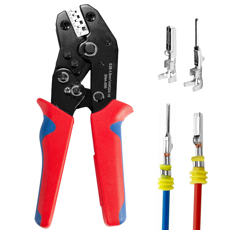 Wire Crimping Tool with Ratchet, Amliber Ratchet Wire Crimper Tool for Open Barrel Terminal Connectors, Electrical Crimping Tool for Molex Style Deutsch DELPHI AMP JST TYCO Terminals, 24-14 AWG