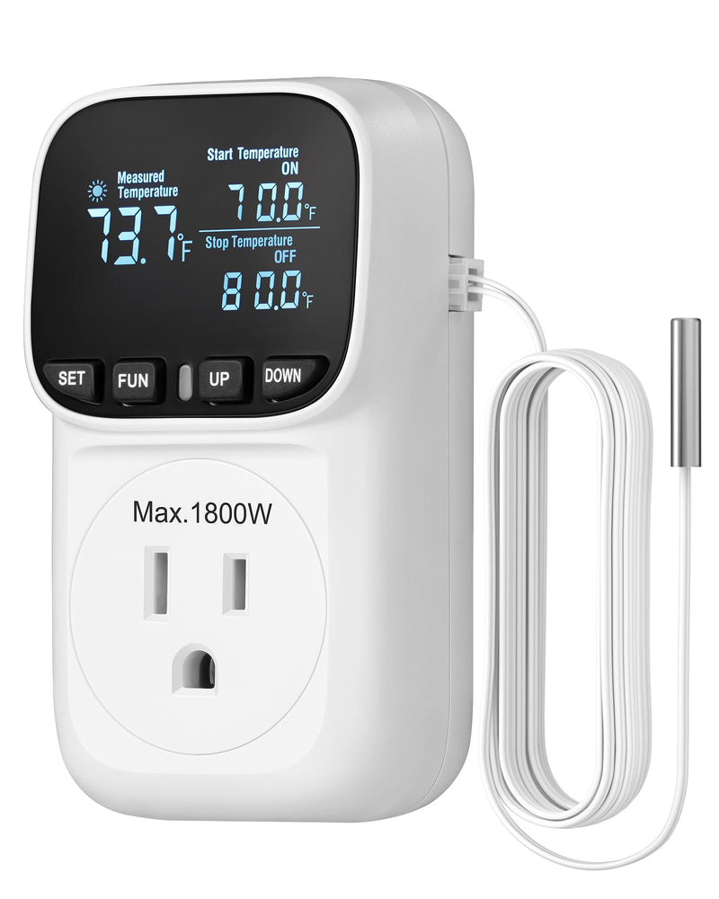 DEWENWILS Digital Temperature Controller, Heavy Duty 15A/1800W Thermostat Outlet Plug, VA Display Heating Cooling Control Timer, -40℉~210℉, Cyclic Timing/Countdown, for Greenhouse Incubator Homebrew White