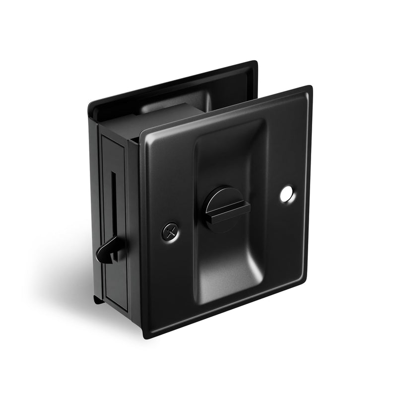 Privacy Pocket Door Lock Pull, Matte Black Pocket Door Hardware Solid Brass Pocket Door Handle Sliding Door Lock Door Latch for 1-3/8” Thickness Door,Black,1 Pack 1 Pack