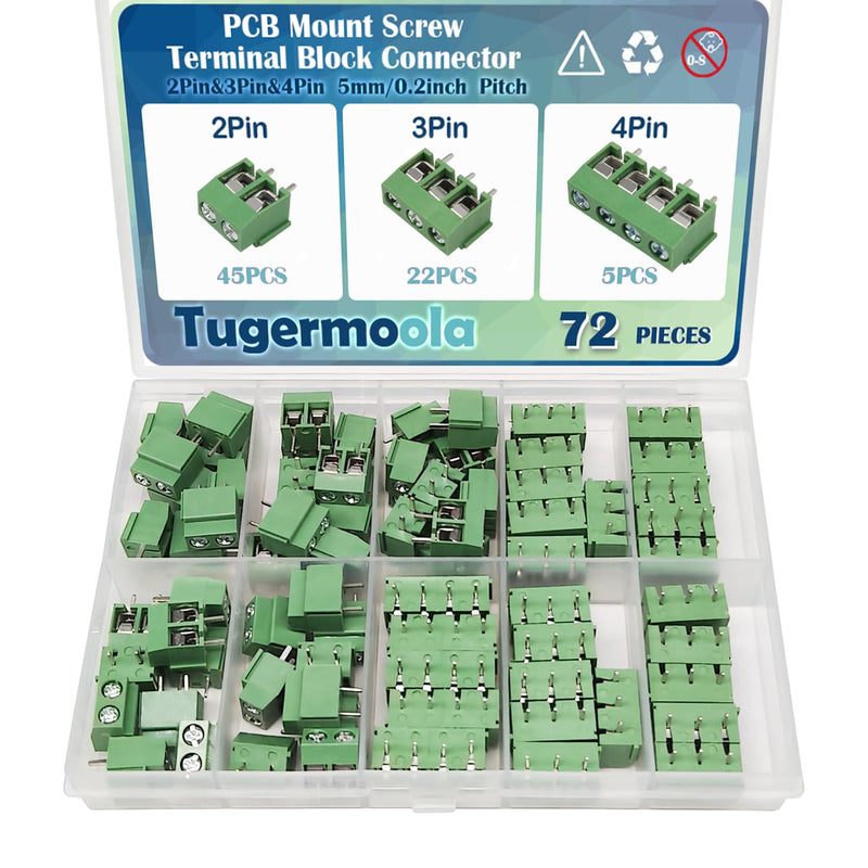 72PCS 5mm/0.2inch 2Pin 3Pin 4Pin Pitch PCB Mount Screw Terminal Block Connector Assortment Kit PCB Board Wire Connectors Green