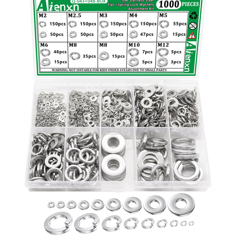 1000PCS Flat Washer and Spring Lock Washers Assortment Kit, 304 Stainless Flat Washers for Screws, 9 Metric Sizes Washers for Bolts -M2,M2.5,M3,M4,M5,M6,M8,M10,M12, Lock Washer Set M2 -M12 (1000PCS)