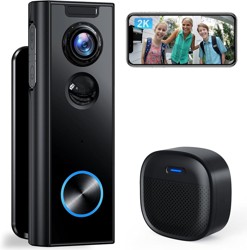XTU Doorbell Camera Wireless No Subscription, 2K Video Doorbell with Chime, 2-way Audio, Instant Alert, Human Detection, Night Vision, 2.4G Wi-Fi, Works with Alexa and Google Assistant, Indoor Outdoor Black