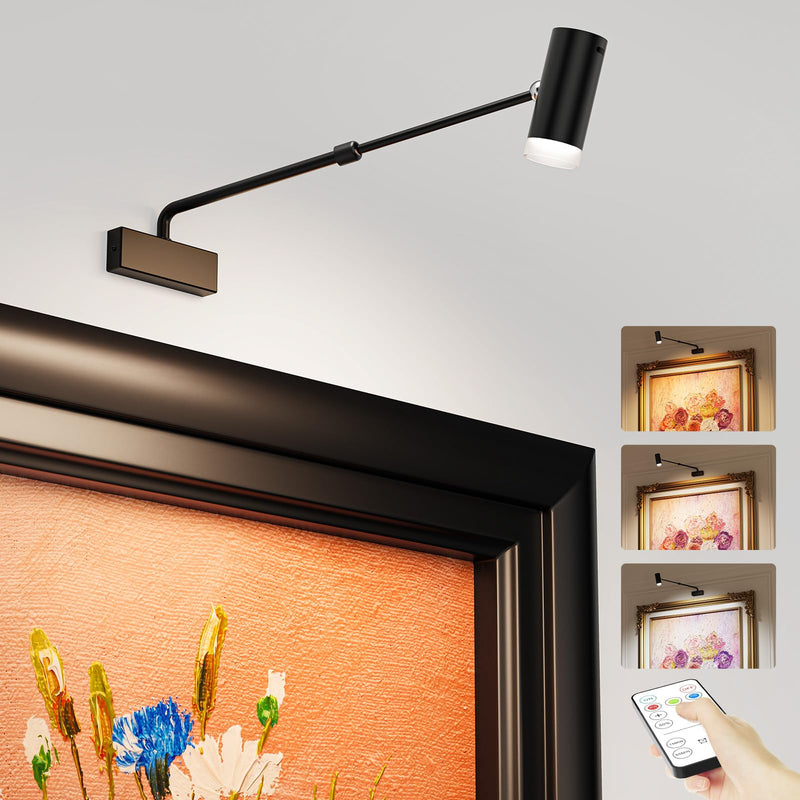 PESUTEN Battery Operated Picture Light, Adjustable Length Wireless Art Light for Paintings CCT Dimmable Rechargeable Picture Light with Remote Control for Gallery Reading Dartboard Bathroom Black