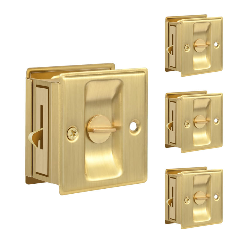 HOMOTEK 4 Pack Privacy Sliding Door Lock with Pull - Replace Old Or Damaged Pocket Door Locks Hardware Quickly and Easily, 2-3/4”x2-1/2”, for 1-3/8” Thickness Door, Brushed Brass