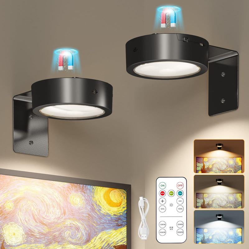 Brightown 2-Pack Picture Lights for Wall, Magnetic Art Display Picture Lights with Remote, 3 Lighting Modes Battery Operated Picture Light, Dimmable & Timer Art Wall Lights for Pictures, Black 2PACK