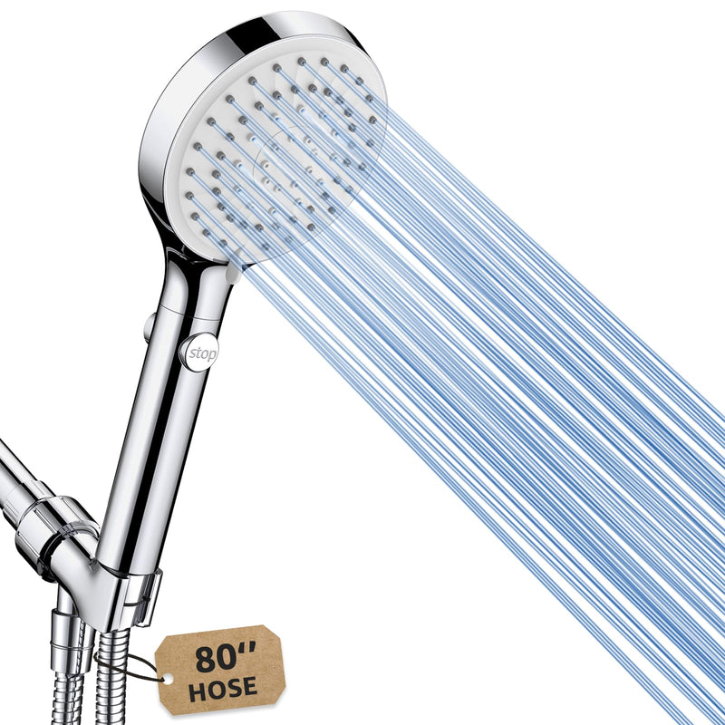 Shower Head with Handheld, High Pressure Handheld Shower Head with 80" Extra Long Stainless Steel Hose & Adjustable Bracket, Showerhead with ON/OFF Switch for Pets Bath 6 Spray-Settings Premium Chrome