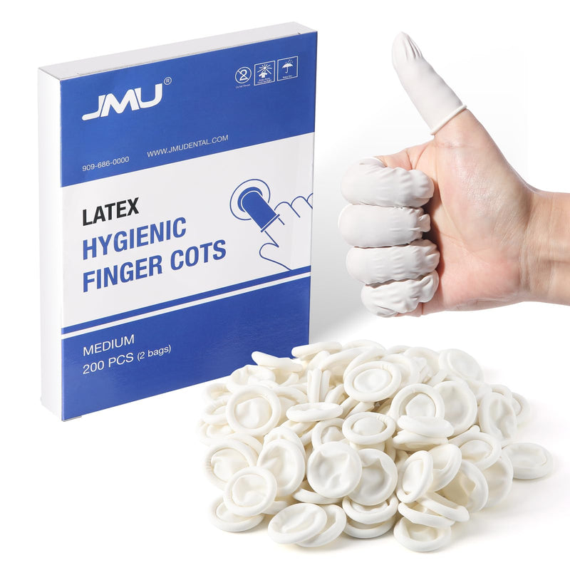 JMU 200PCS Latex Finger Cots Medium, Finger Protectors Disposable, White, Box of 200 Medium-200 PCS