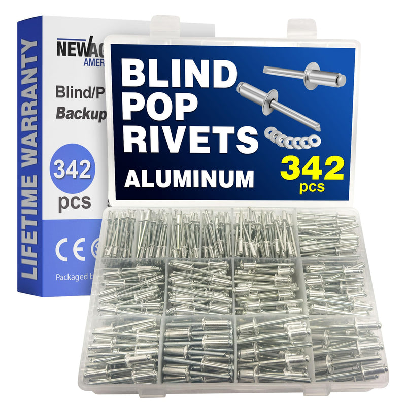New Age America® 342pcs Blind Pop Rivets & Backup Washers | 3/32" to 1/4" | Silver | 14 Sizes | SAE Size Aluminum Rivets & 304 Stainless Steel Backup Washer | Rivet Kit w Steel Mandrel | Labelled Case 342 PCS Rivets & Washers