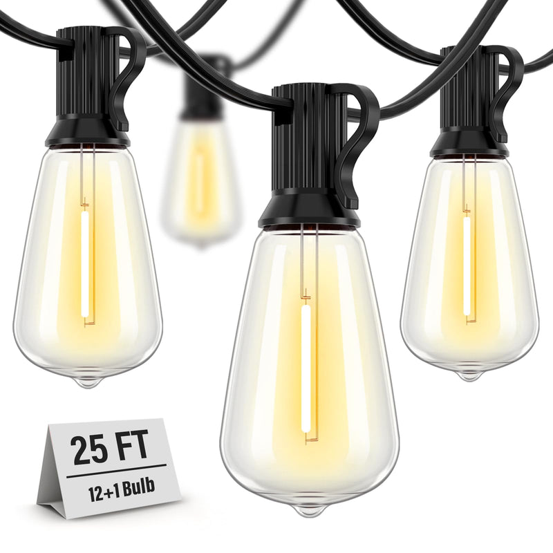 Outdoor String Lights Waterproof, 25 Feet Patio Lights with 13 ST38 Edison Bulbs(1 Sqare), Outside Hanging Decorative Lights for Porch, Blacony, Backyard, Bistro, Garden, 2700K 25FT