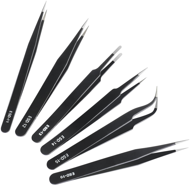 6 Pcs Precision Tweezers Set, Premium Anti-Static Stainless Steel Tweezer, ESD Curved of Tweezers for Electronics, Craft, Laboratory Work, Jewelry-Making, etc